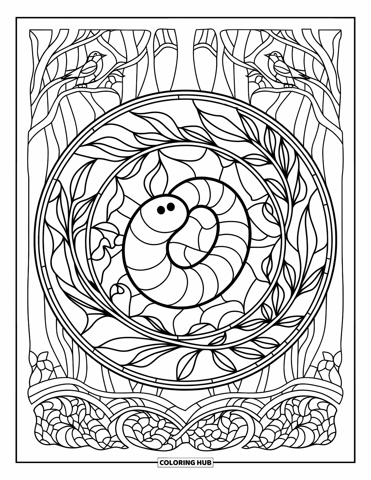 Worm Coloring Page for Adults: Worm naps in stained-glass vines with birds perched in the glowing forest
