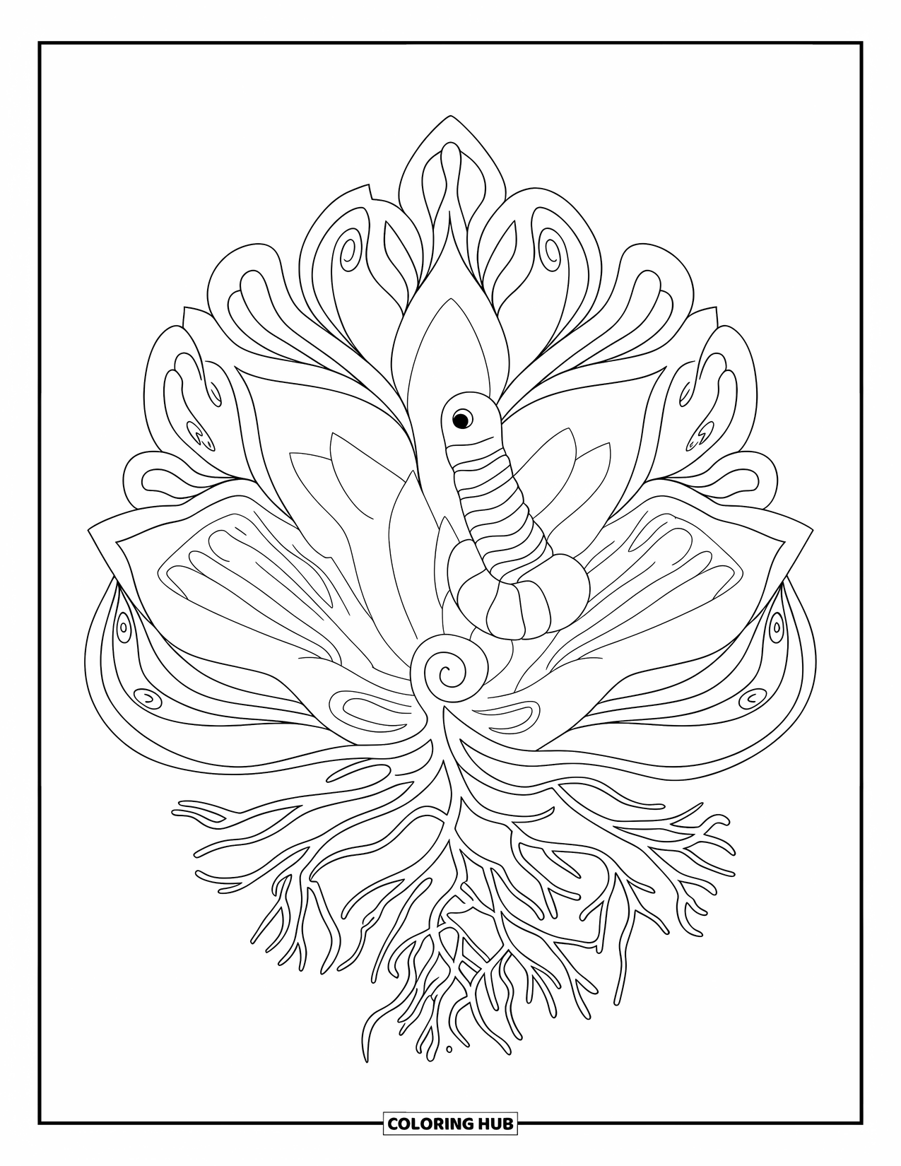 Worm Coloring Page for Adults: Worm peeks out from a floral mandala full of curls, petals, and roots