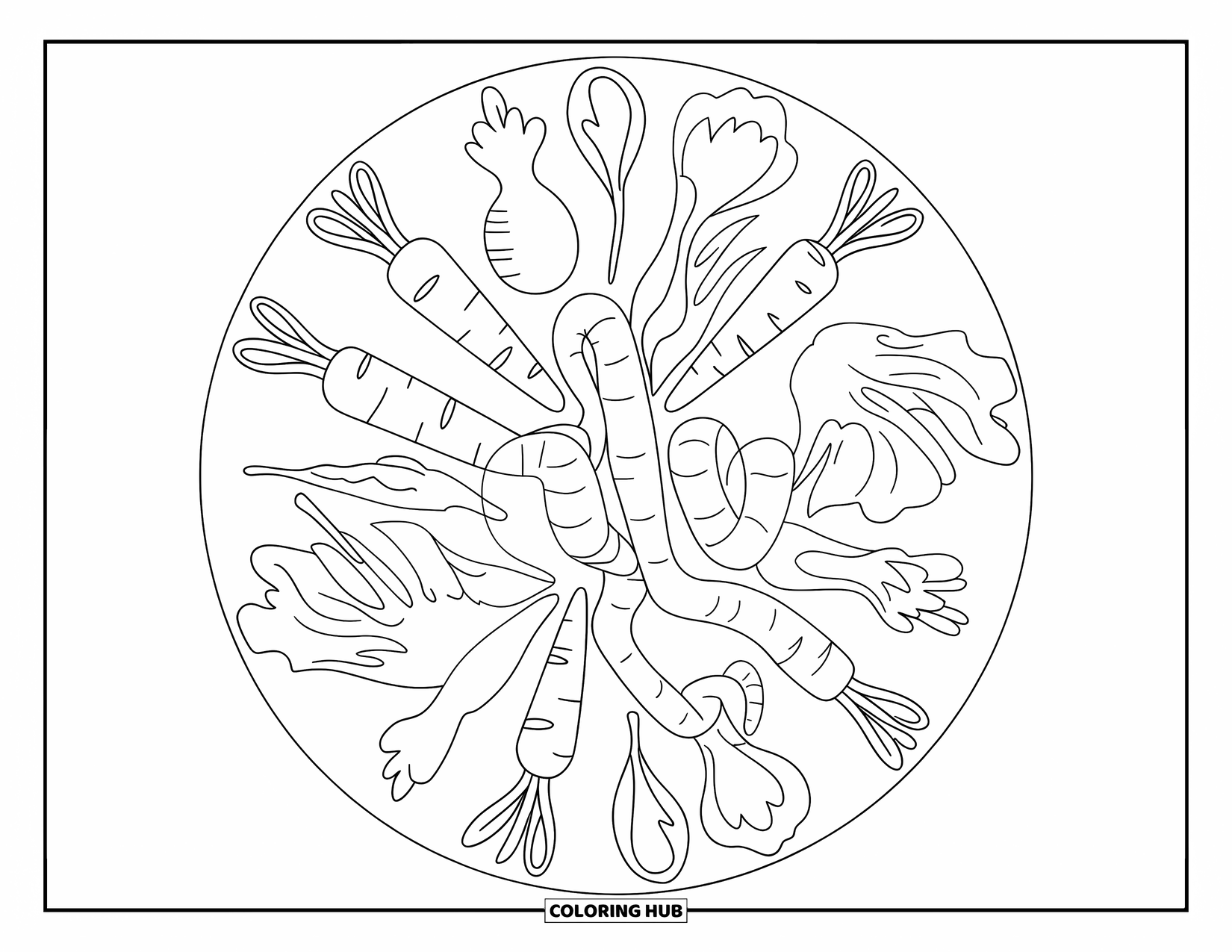 Worm Coloring Page for Adults: Worm wriggles through carrots, radishes, and onions in a veggie mandala swirl