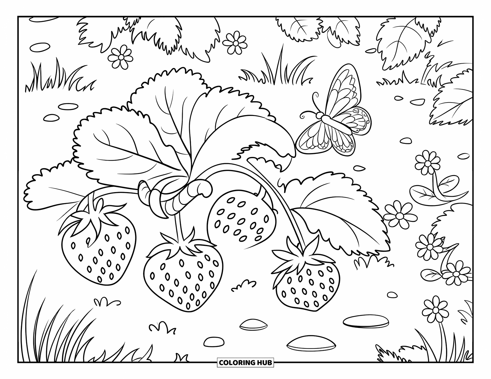 Worm Coloring Page for Kids: A cheerful strawberry patch with a worm and butterfly hovering close