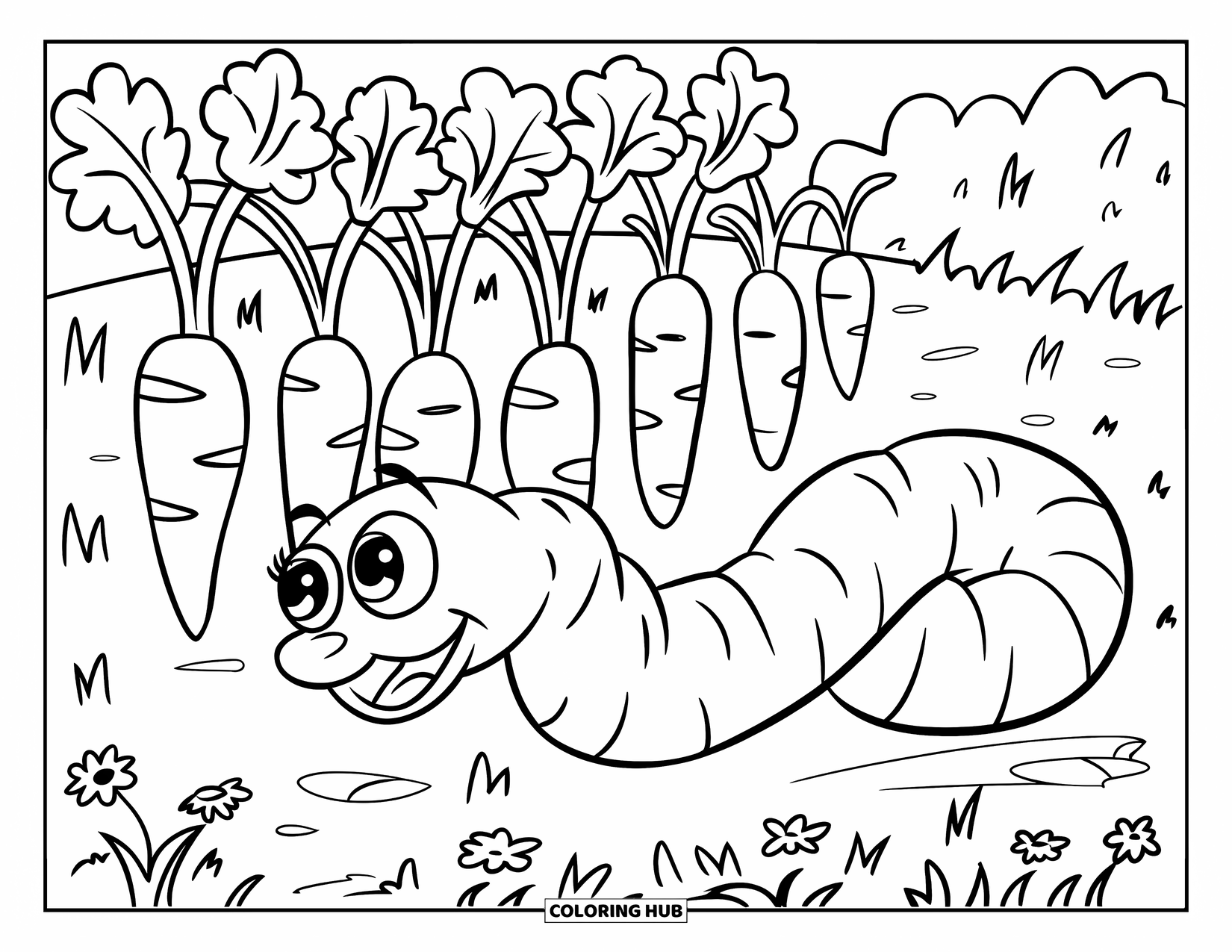 Worm Coloring Page for Kids: A cheerful worm and carrots growing in raised garden beds