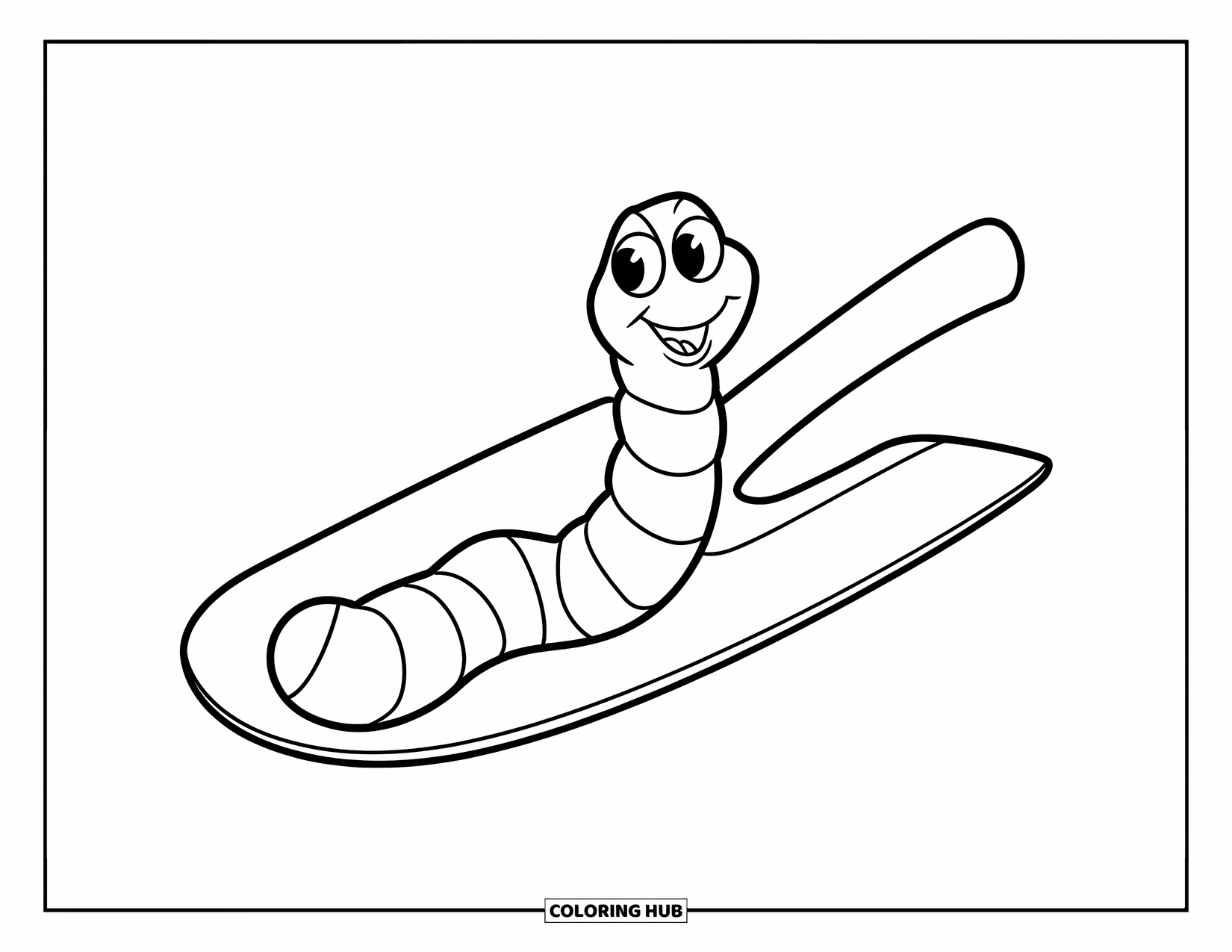 Worm Coloring Page for Kids: A cheerful worm resting on a shovel in a white background