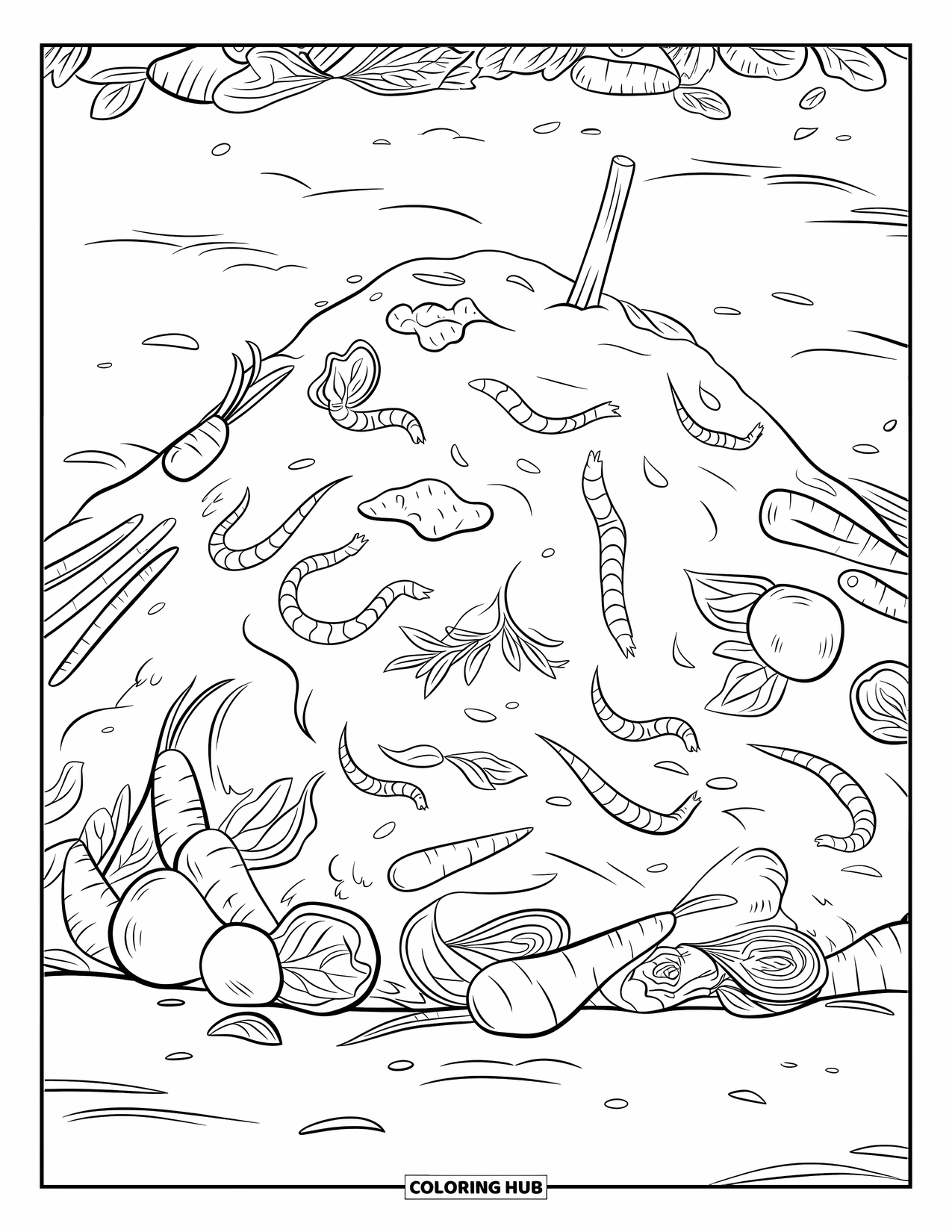 Worm Coloring Page for Kids: A compost pile with worms crawling through banana peels and roots