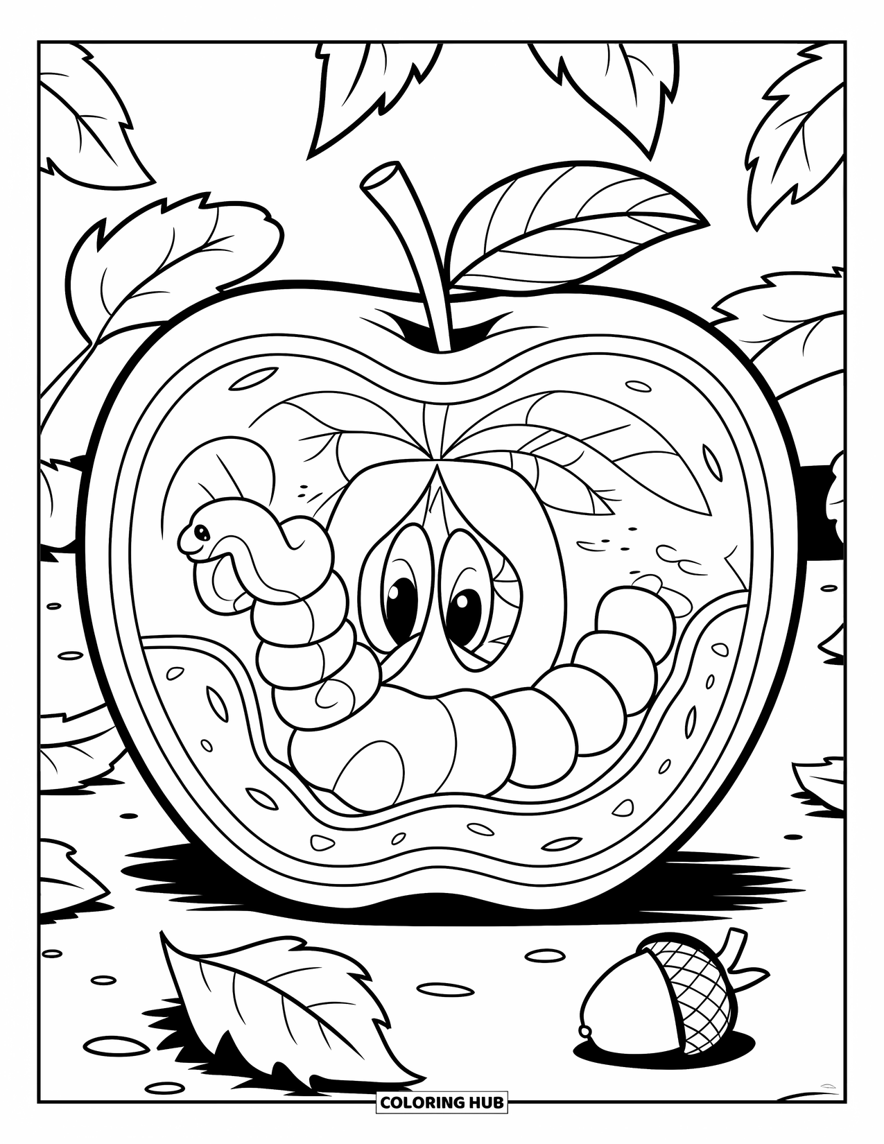 Worm Coloring Page for Kids: A cute worm moving through an apple core on a white background