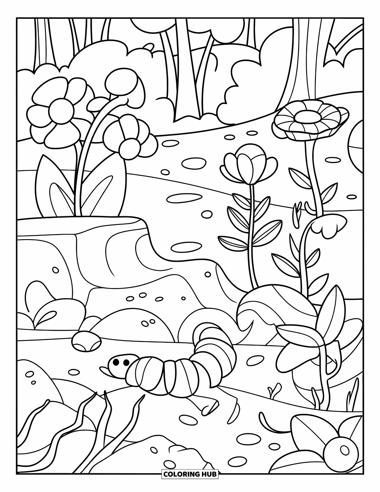 Worm Coloring Page for Kids: A garden worm near rocks, roots, and flowers under trees
