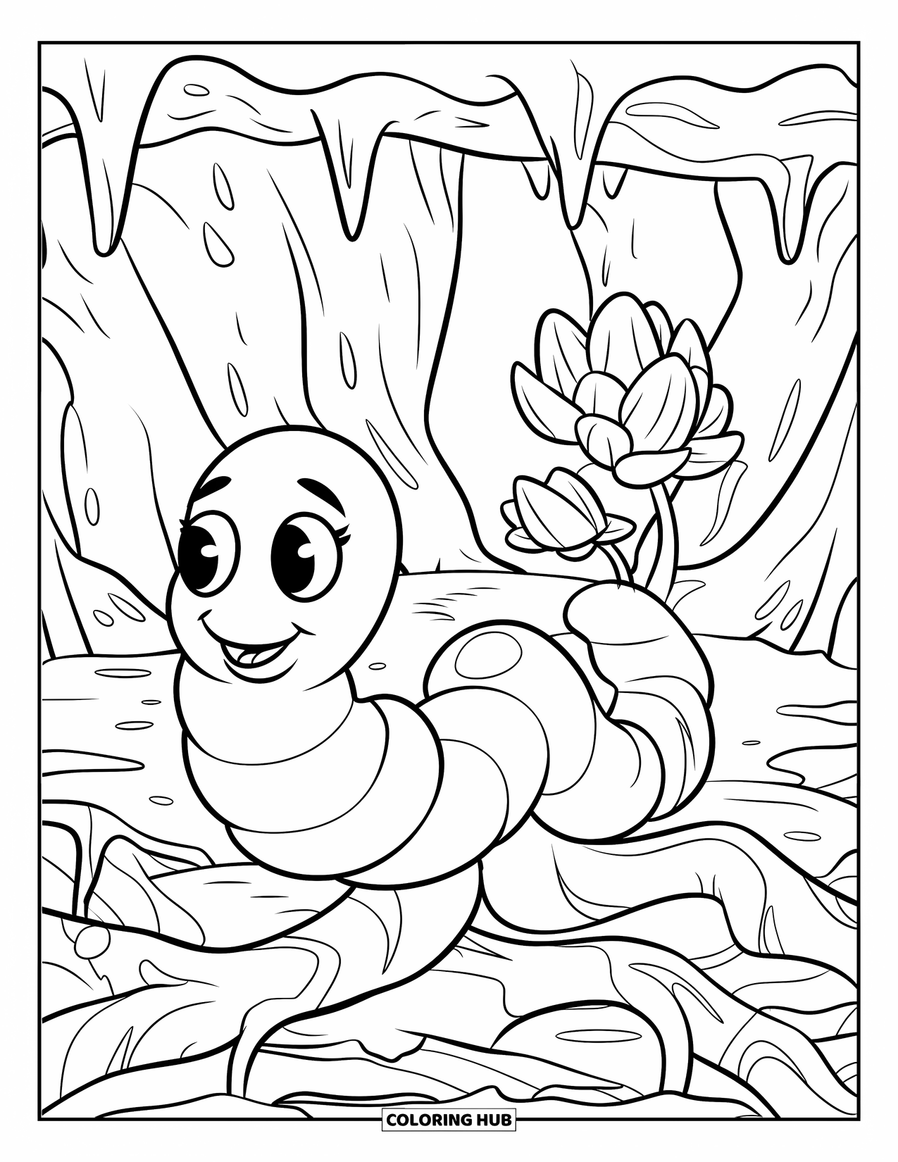 Worm Coloring Page for Kids: A happy worm moving through thick twisted roots underground