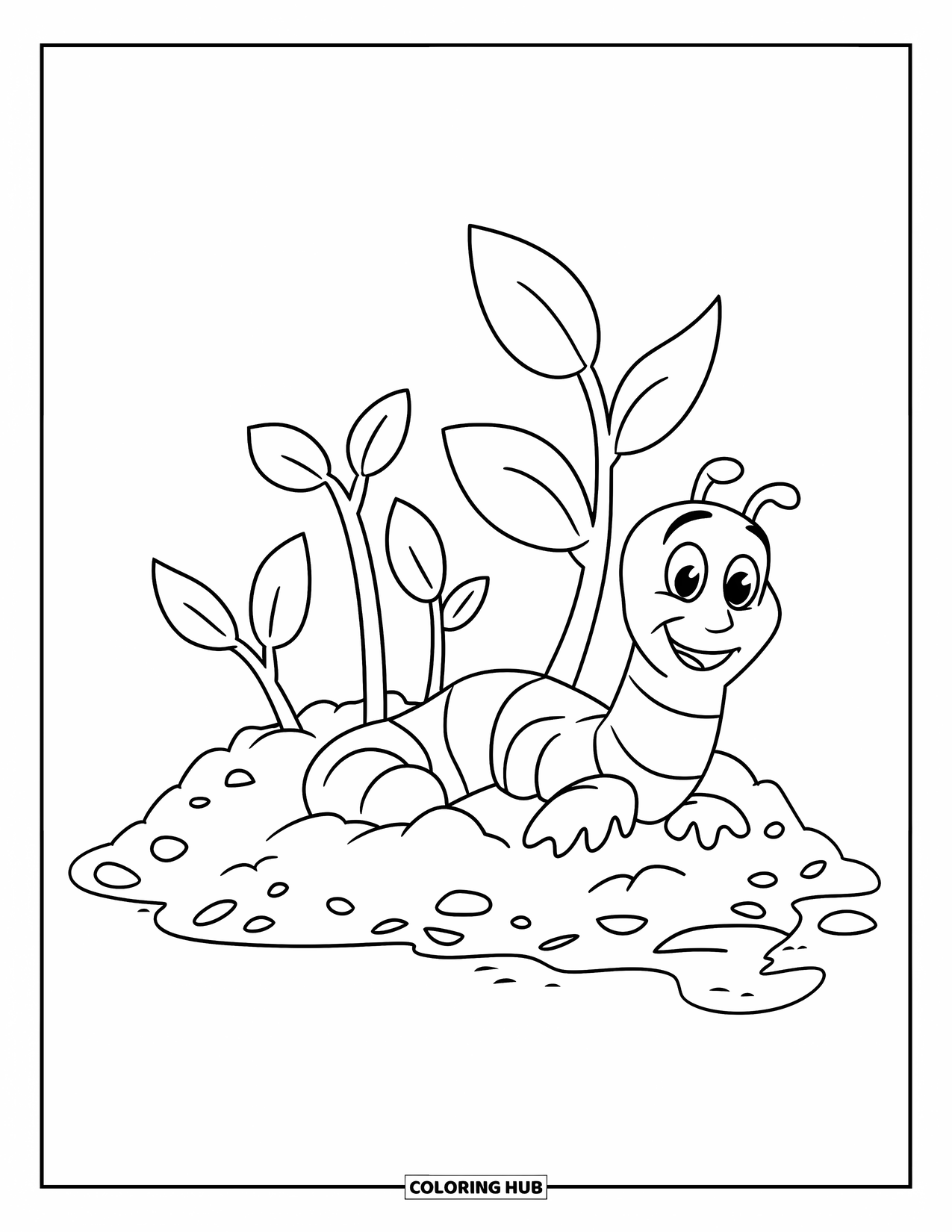 Worm Coloring Page for Kids: A happy worm near new seedlings with flowers growing above