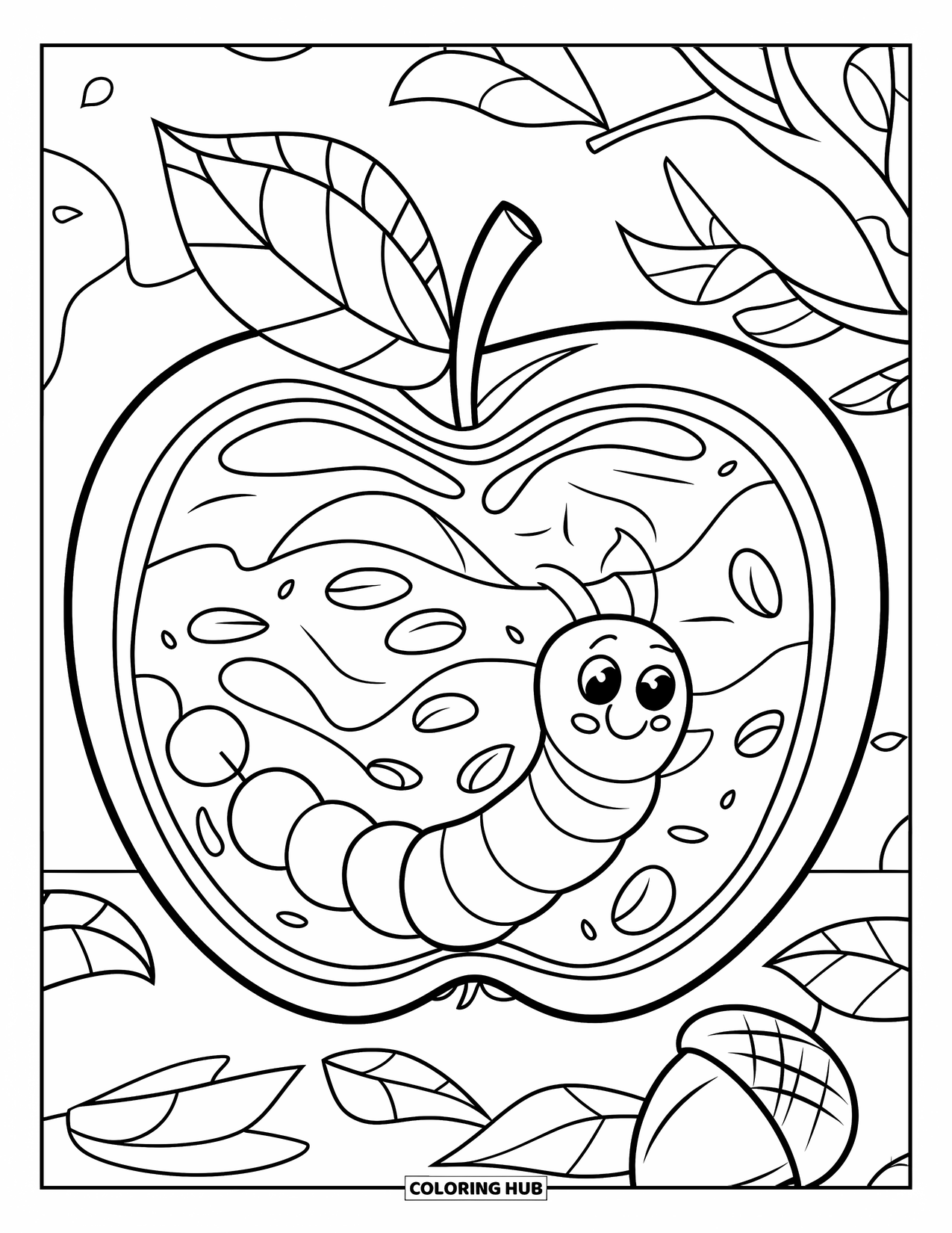Worm Coloring Page for Kids: A little worm in an apple surrounded by acorns and fallen leaves
