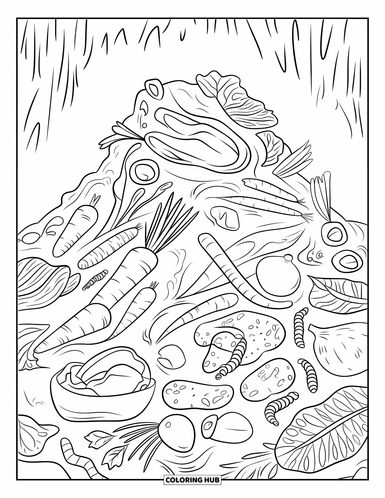 Worm Coloring Page for Kids: A pile of compost scraps with worms among vegetables