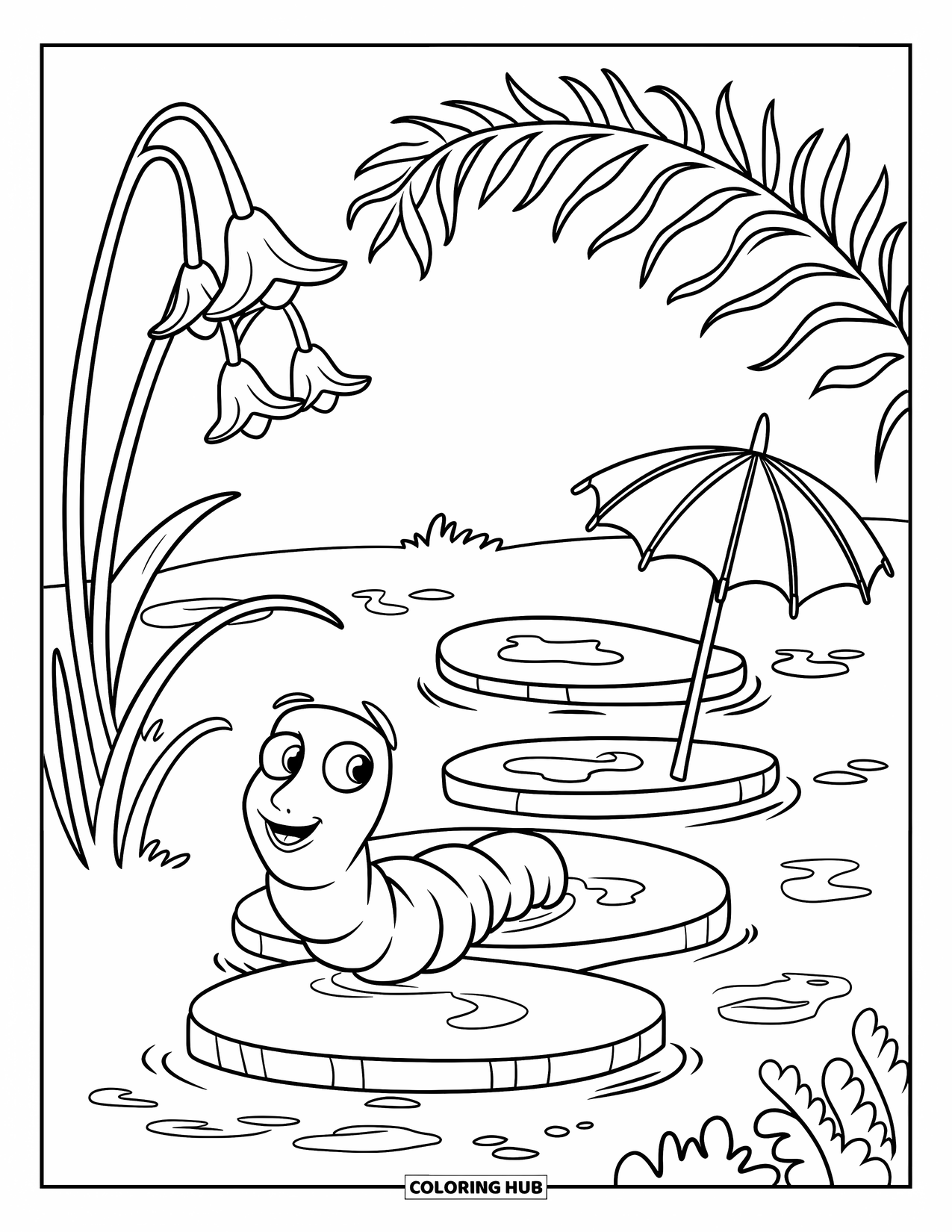 Worm Coloring Page for Kids: A rainy garden path with a worm, puddles, and tall flowers