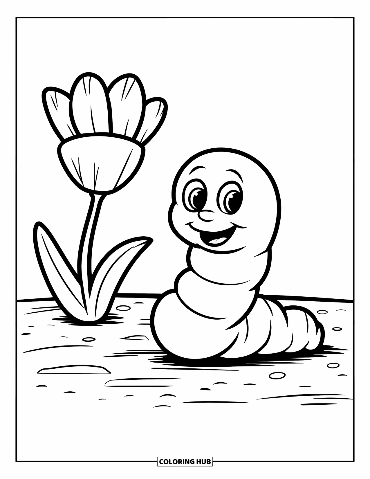 Worm Coloring Page for Kids: A round worm beside a flower on textured ground