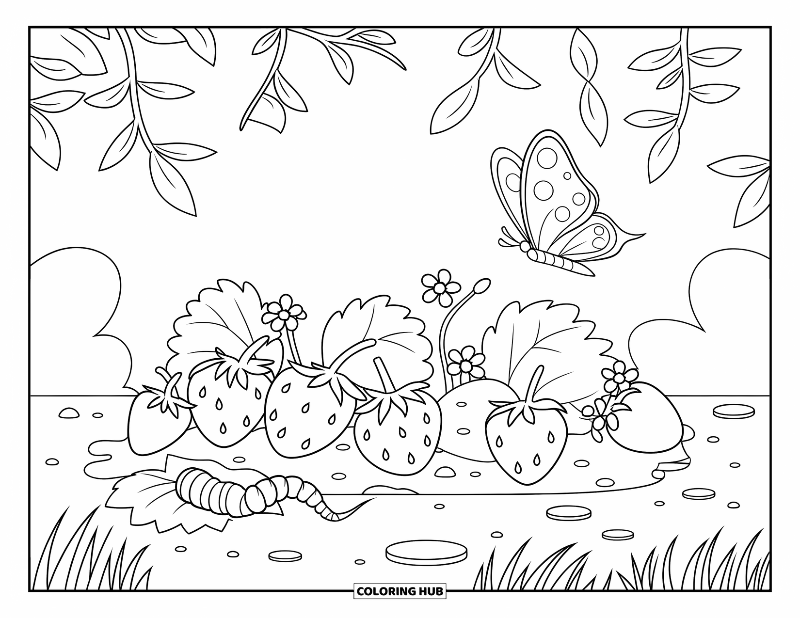 Worm Coloring Page for Kids: A small strawberry garden scene with flowers, leaves, and a curious worm