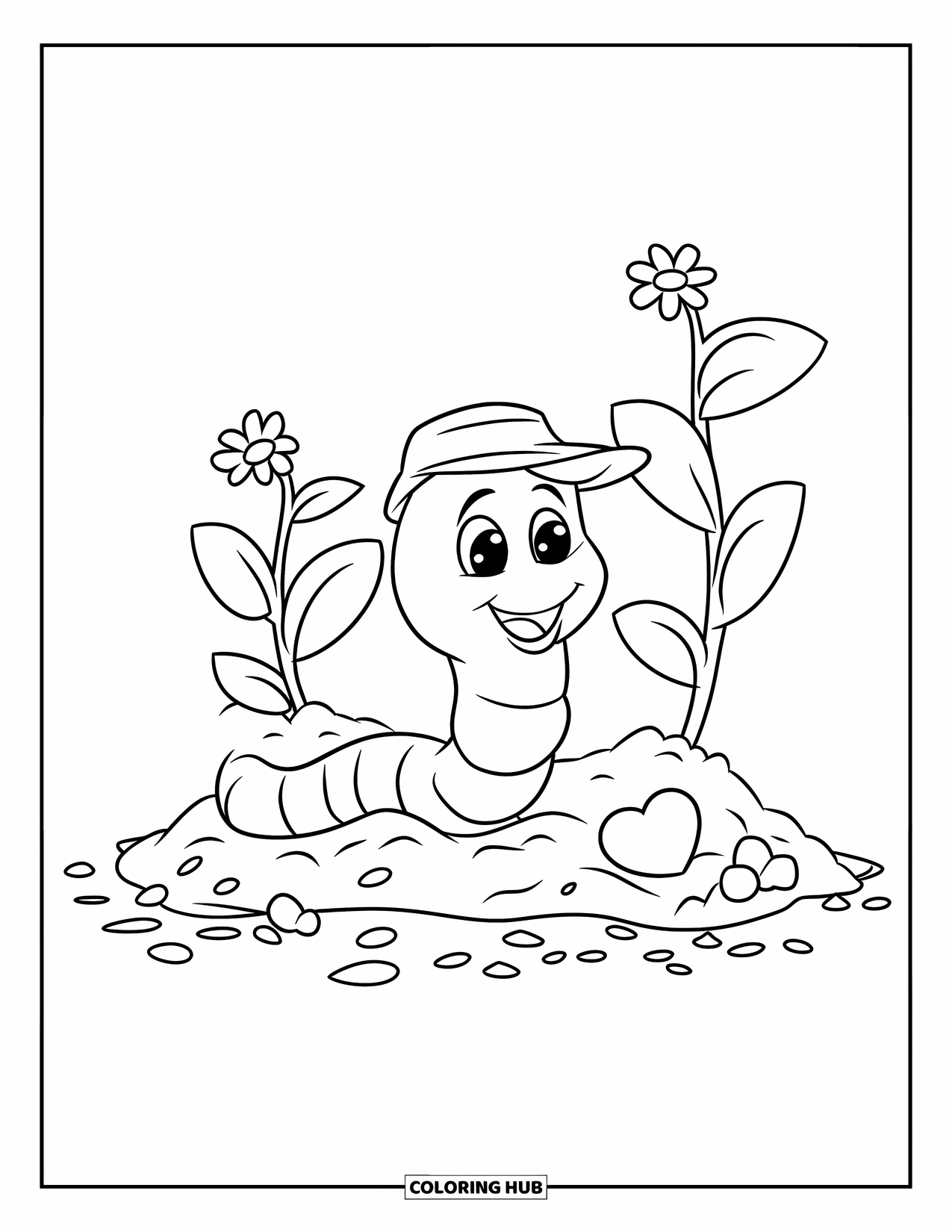 Worm Coloring Page for Kids: A worm beside seedlings and a heart-shaped stone on clean soil