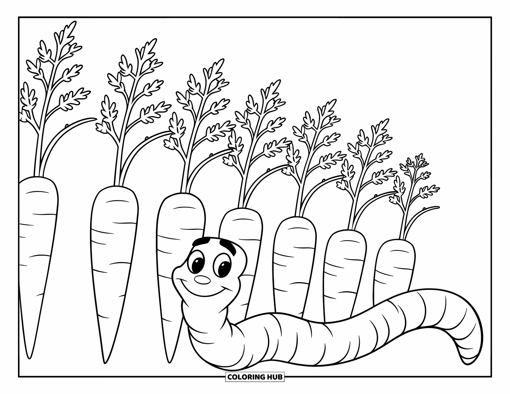 Worm Coloring Page for Kids: A worm coiled near growing carrots in a small garden