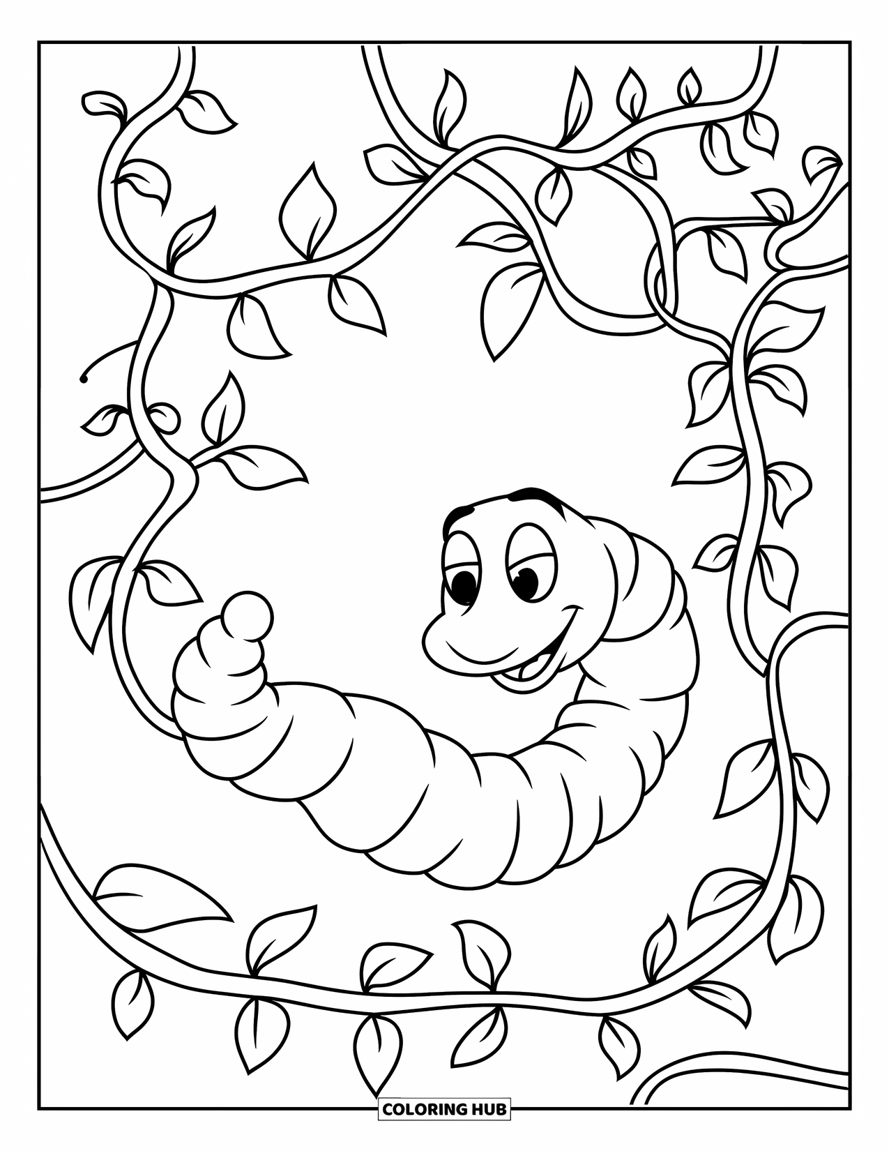 Worm Coloring Page for Kids: A worm coiling around tangled vines in a simple garden
