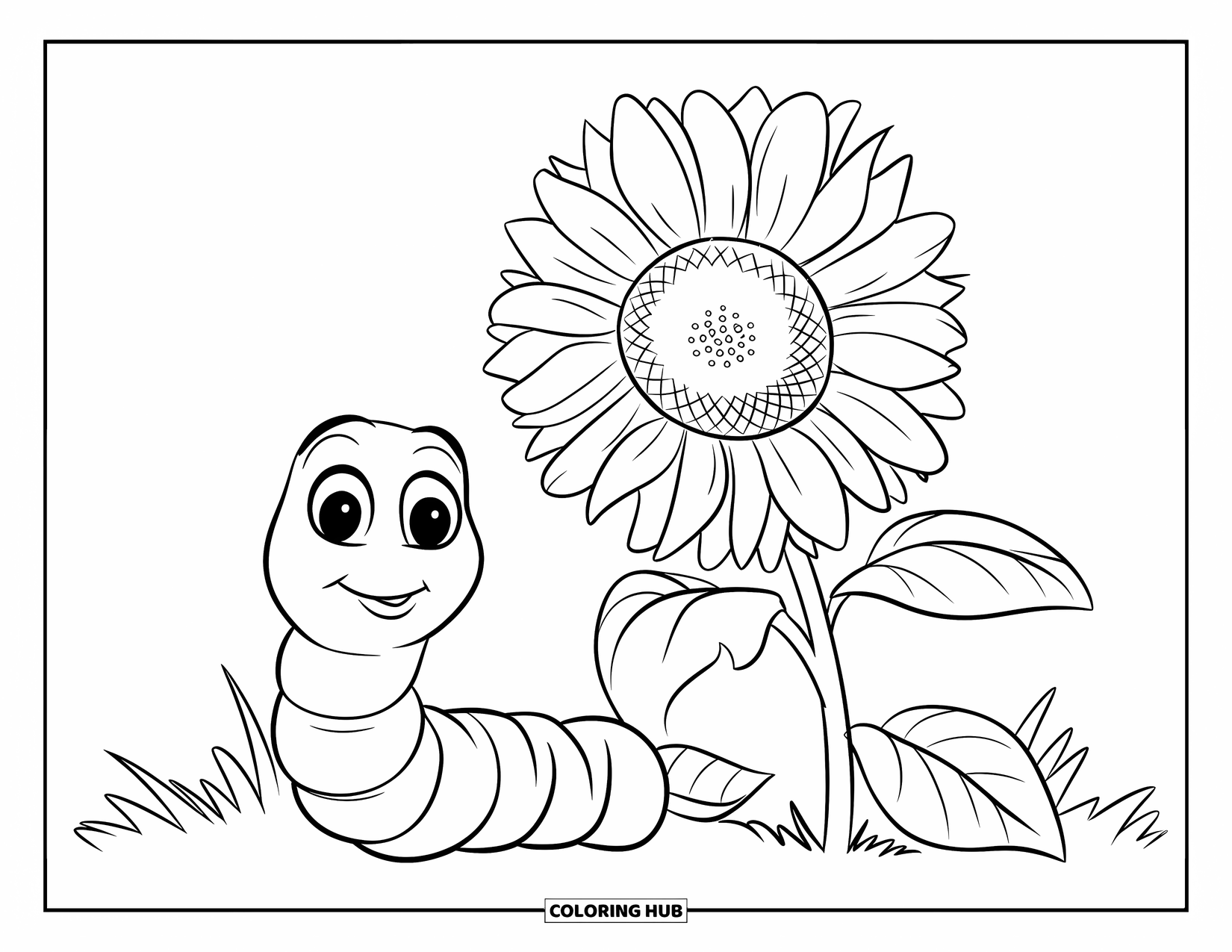 Worm Coloring Page for Kids: A worm gazing up at a bright sunflower with big round eyes