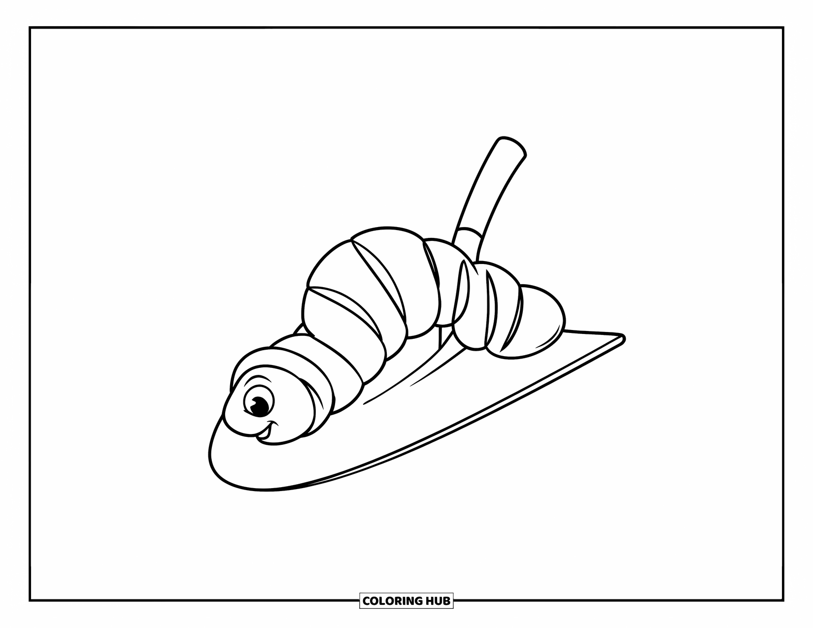 Worm Coloring Page for Kids: A worm sitting on a garden shovel with simple bold lines