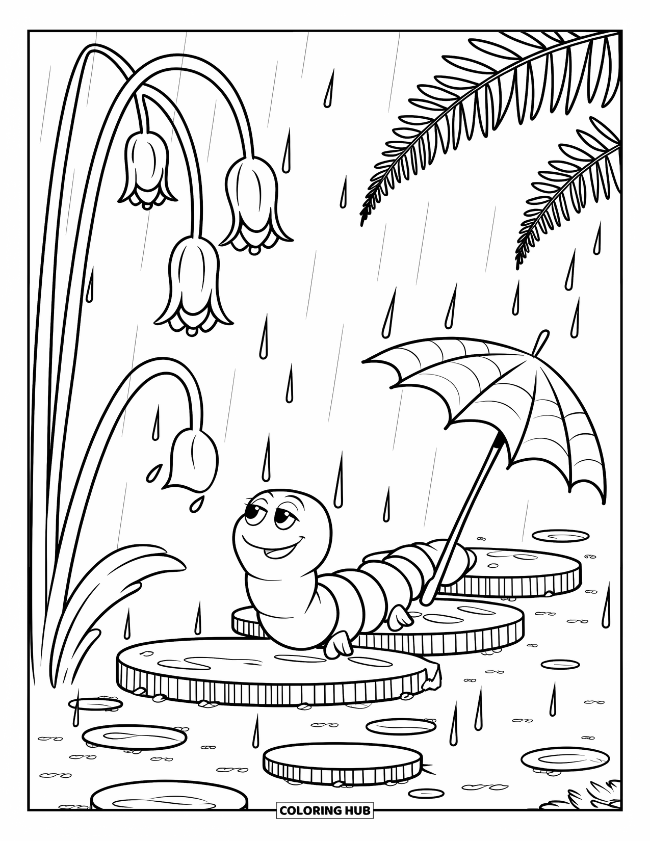 Worm Coloring Page for Kids: A worm sliding across wet garden stones in the rain