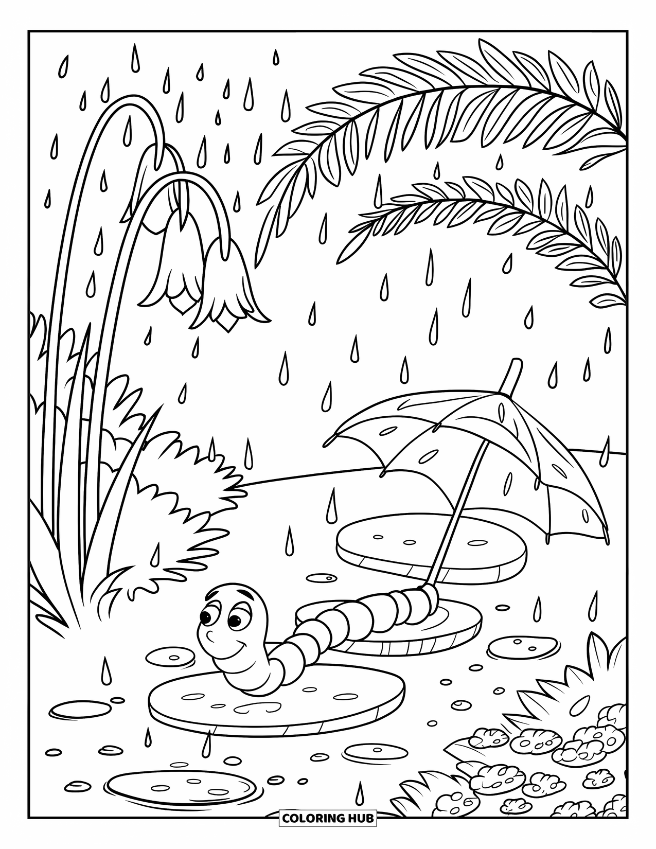 Worm Coloring Page for Kids: A worm traveling on stones under rainy flowers and ferns