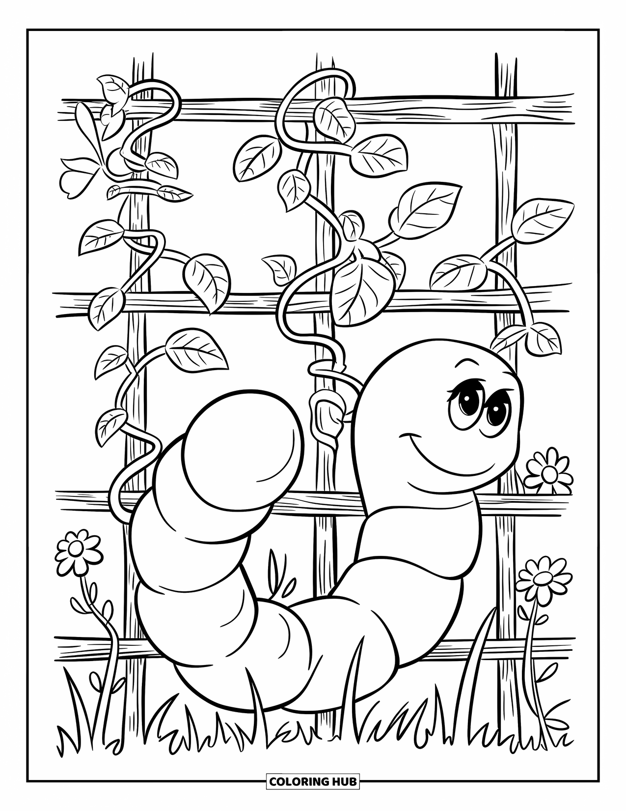 Worm Coloring Page for Kids: A worm twisting near a wooden trellis covered in heart leaves