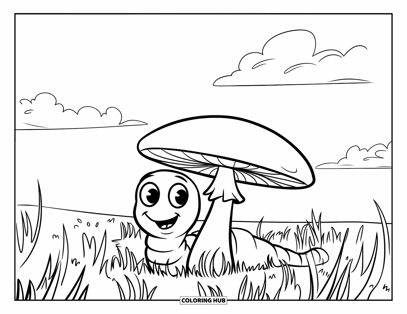 Worm Coloring Page for Kids: A worm under a big mushroom surrounded by grass and flowers