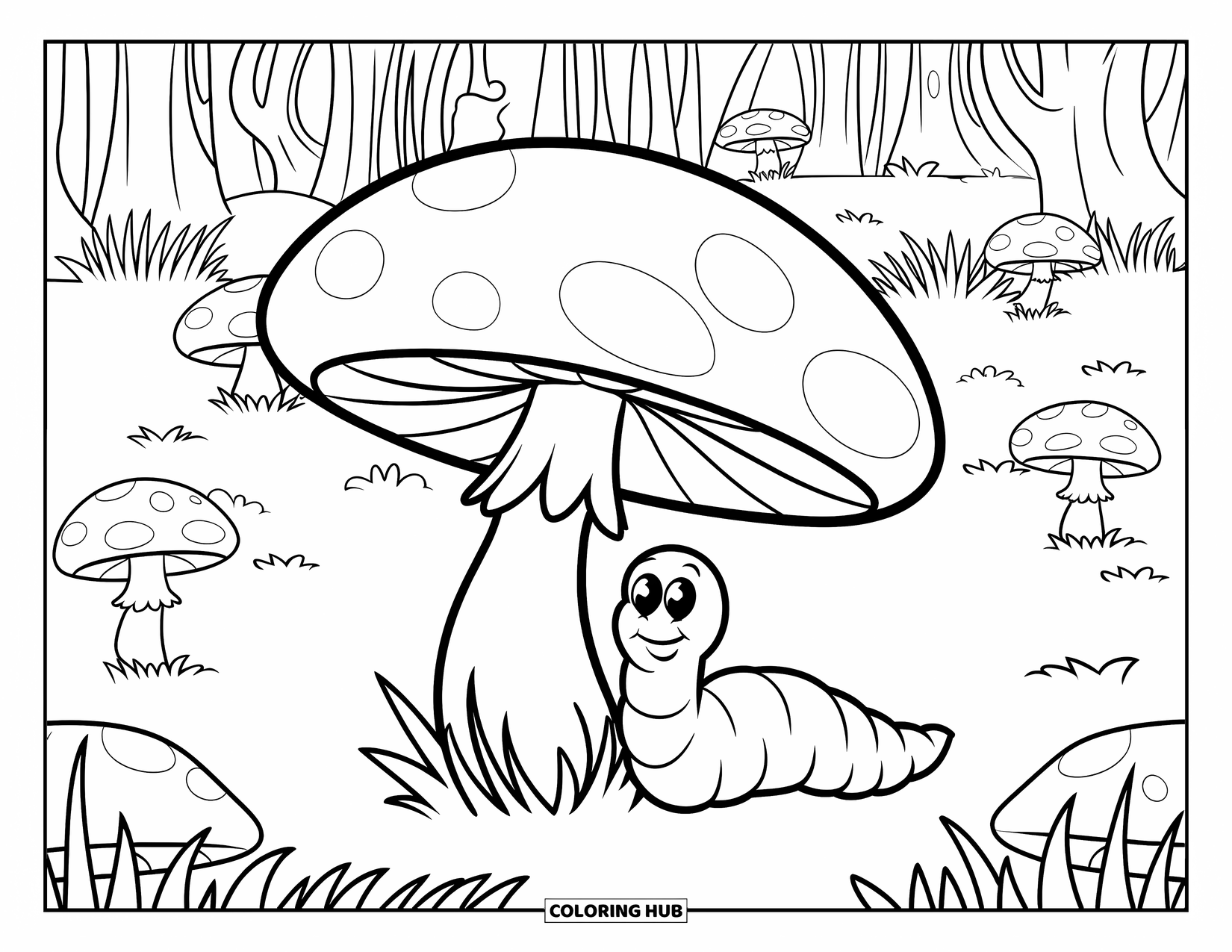 Worm Coloring Page for Kids: A worm under a mushroom in a forest filled with tiny mushrooms