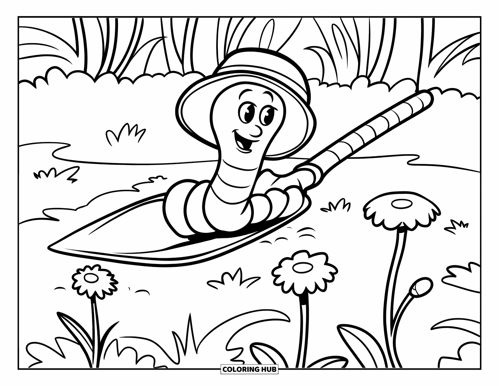 Worm Coloring Page for Kids: A worm wearing a hat sitting on a shovel among flowers