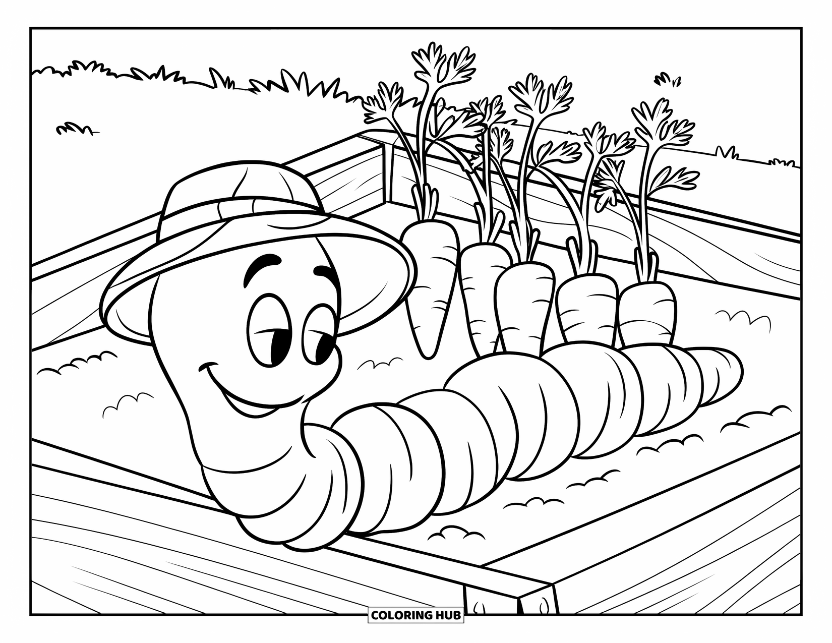 Worm Coloring Page for Kids: A worm with a hat beside a row of carrots in soft soil