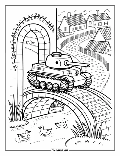 Coloriage de char de la Seconde Guerre mondiale pour adultes : Un char joyeux est posé sur un pont pendant que des oiseaux se perchent et des canards nagent