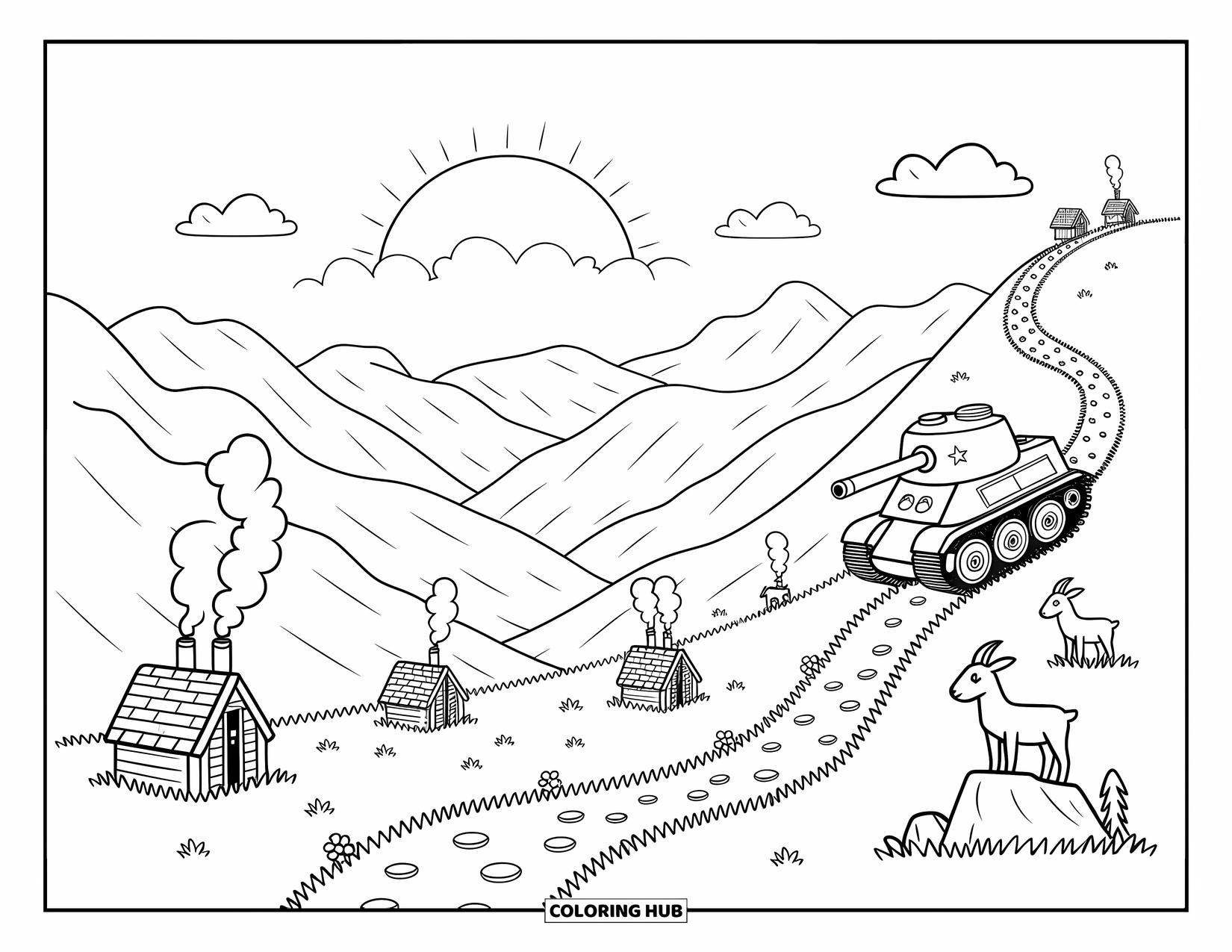Ww2 Coloring Page for Adults: A chibi tank ascends a trail above clouds and tiny cottages