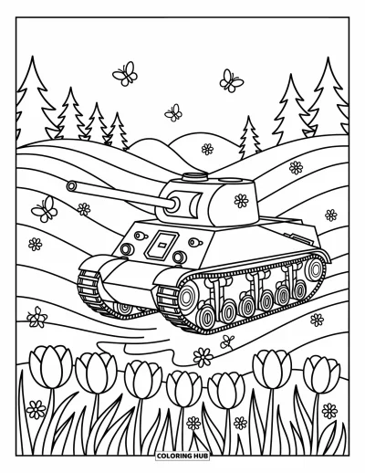 Coloriage de char de la Seconde Guerre mondiale pour adultes : Un char Sherman au milieu d'un champ fleuri sous de douces collines vallonnées
