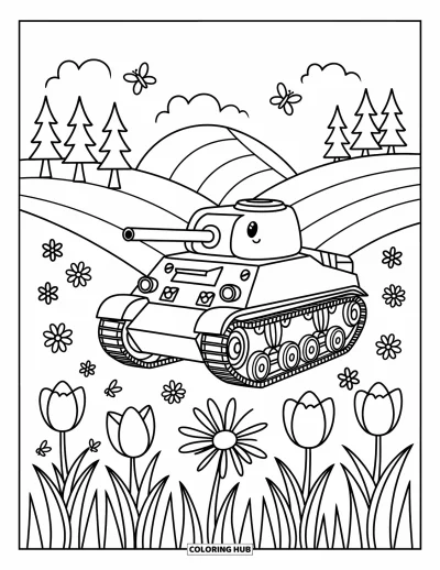 Coloriage de char de la Seconde Guerre mondiale pour adultes : Un char mignon repose dans l'herbe entouré de grandes fleurs et de coccinelles