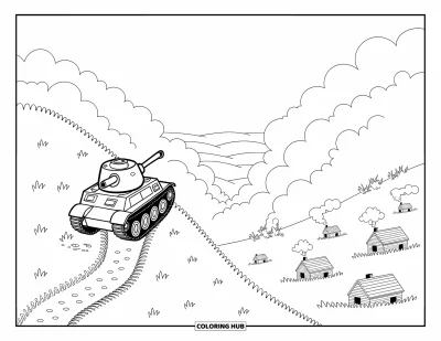 Coloriage de char de la Seconde Guerre mondiale pour adultes : Un char mignon monte une côte parmi des fleurs alpines et des rochers en saillie