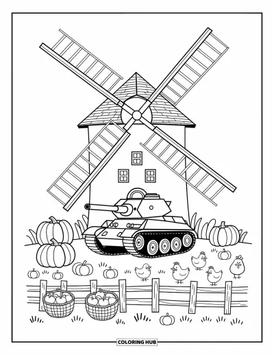 Coloriage de char de la Seconde Guerre mondiale pour adultes : Un char mignon est assis à côté d'un moulin à vent entouré de poules et de paniers