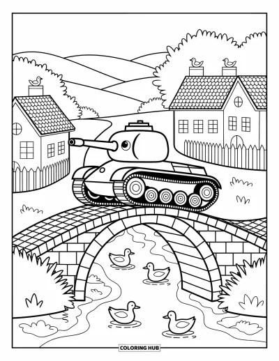 Coloriage de char de la Seconde Guerre mondiale pour adultes : Un char Tiger arrondi est immobile sur un pont de pierre au-dessus d'un ruisseau qui babille