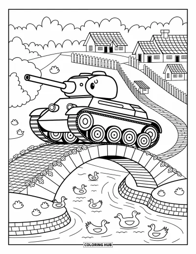 Coloriage de char de la Seconde Guerre mondiale pour adultes : Un char Tiger arrondi traverse un pont pavé avec des canards en dessous
