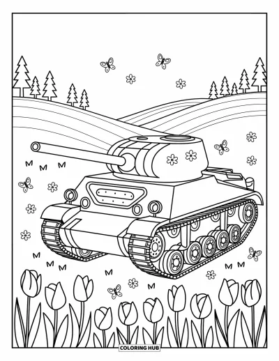 Coloriage de char de la Seconde Guerre mondiale pour adultes : Un char Sherman se repose dans une prairie remplie de grandes tulipes et de marguerites