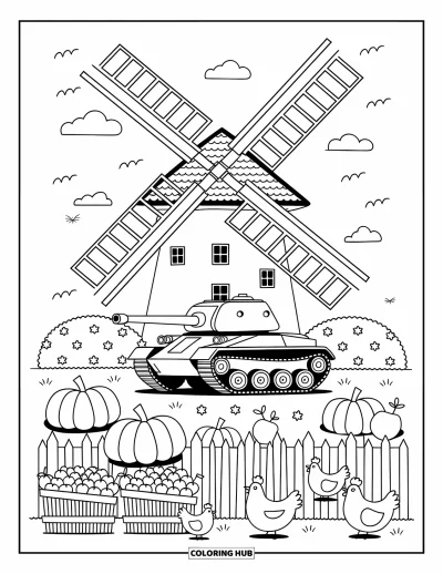 Coloriage de char de la Seconde Guerre mondiale pour adultes : Un petit char repose près de citrouilles, de pommes et d'une clôture en bois