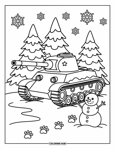 Coloriage de char de la Seconde Guerre mondiale pour adultes : Un char T-34 recouvert de neige repose parmi des pins dans une forêt hivernale