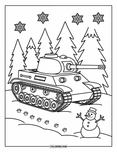 Coloriage de char de la Seconde Guerre mondiale pour adultes : Un char T-34 attend dans la neige à côté de pins stylisés et de petites empreintes de pattes