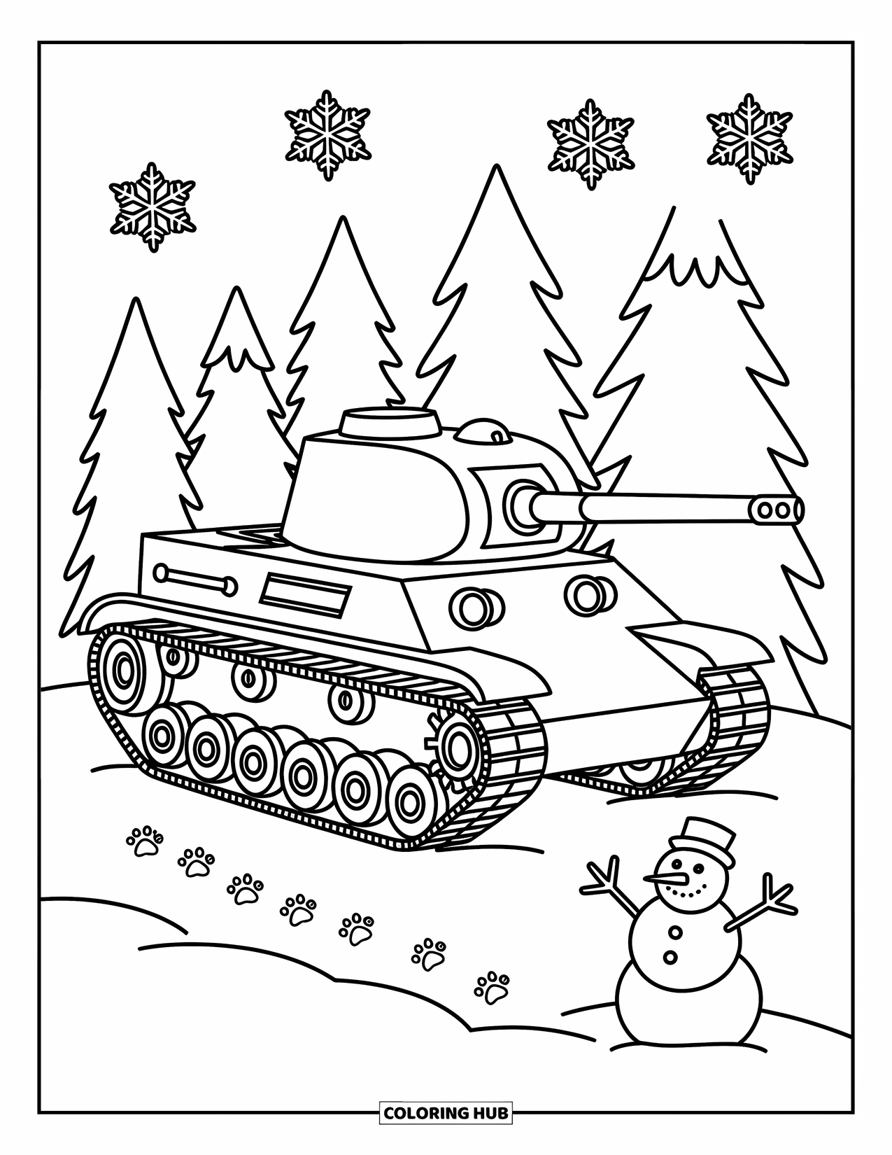 Ww2 Coloring Page for Adults: A T-34 tank waits in snow beside stylized pines and tiny paw prints