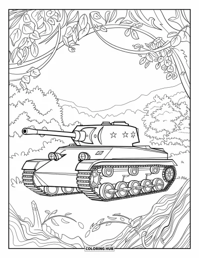 Coloriage de char de la Seconde Guerre mondiale pour adultes : Un char parmi des arbres et des vignes avec des engrenages formant un motif forestier