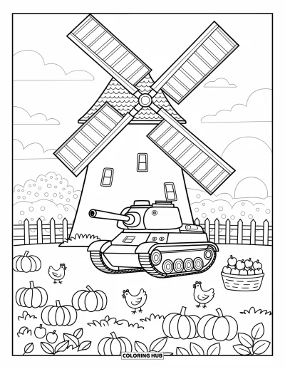 Coloriage de char de la Seconde Guerre mondiale pour adultes : Un char sous un moulin à vent dans une campagne parsemée de buissons et de clôtures