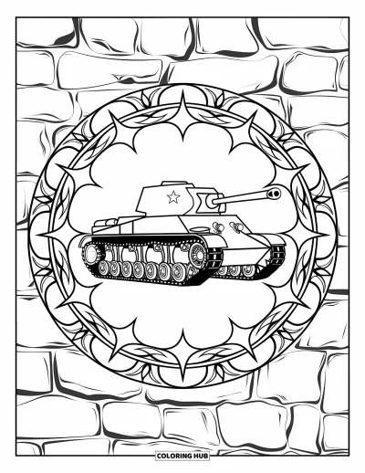 Coloriage de char de la Seconde Guerre mondiale pour adultes : Un char au centre d'un mandala de feuilles de laurier et d'étoiles