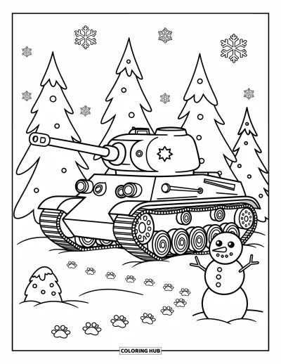 Coloriage de char de la Seconde Guerre mondiale pour adultes : Un char saupoudré de neige est posé près d'un bonhomme de neige sous des flocons qui tombent