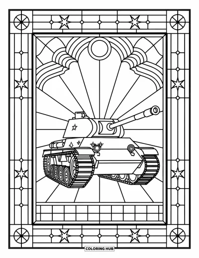 Coloriage de char de la Seconde Guerre mondiale pour adultes : Un char encadré de motifs en vitrail et de formes géométriques