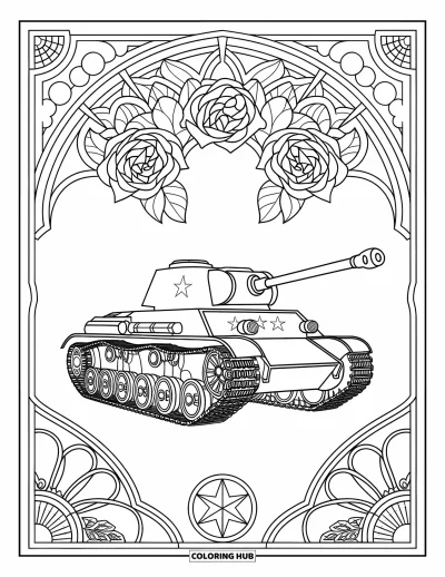 Coloriage de char de la Seconde Guerre mondiale pour adultes : Un char encadré de roses en vitrail et de décors historiques ornés