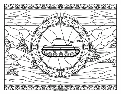 Coloriage de char de la Seconde Guerre mondiale pour adultes : Un char encadré d'un vitrail devant des montagnes et un lac calme