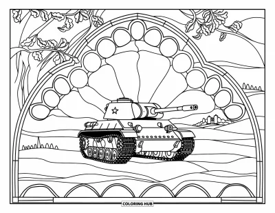 Coloriage de char de la Seconde Guerre mondiale pour adultes : Un char dans un cadre de vitrail avec des collines et un bâtiment au loin