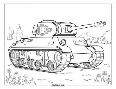 Coloriage de char de la Seconde Guerre mondiale pour adultes : Un char sur un champ de bataille encadré de fleurs et de bâtiments en ruine